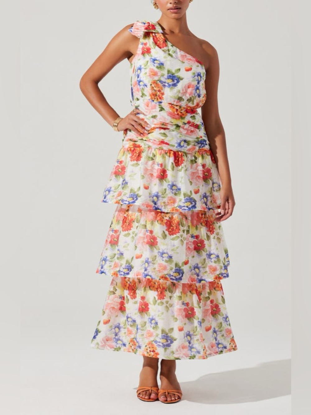 ASTR The Label Natali Floral Print One-Shoulder Tiered Maxi Dress